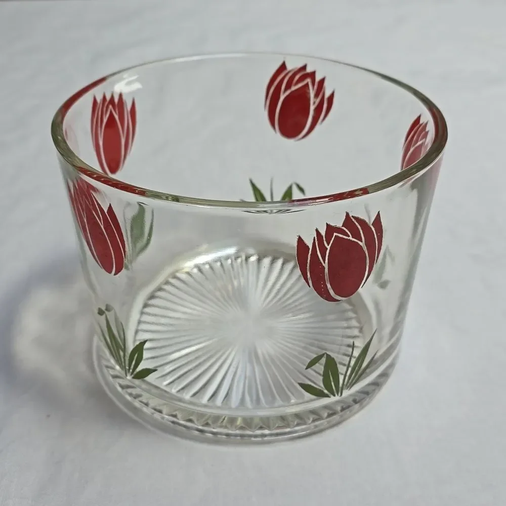 Hazel Atlas Clear Glass Ice Bucket with RED Tulip Deco - flaws HTF vtg 70s